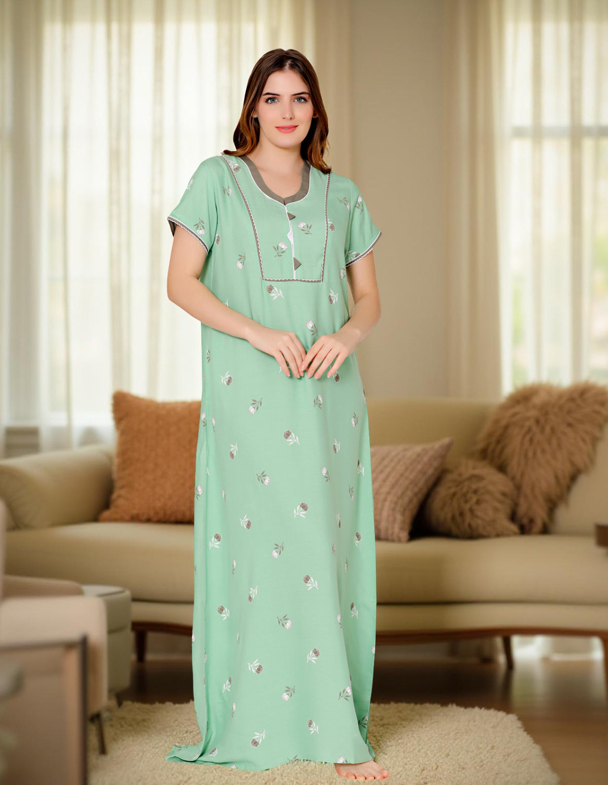 Bodycare Womens Polycotton U Neck Printed Long Night Dress-BSN2015A
