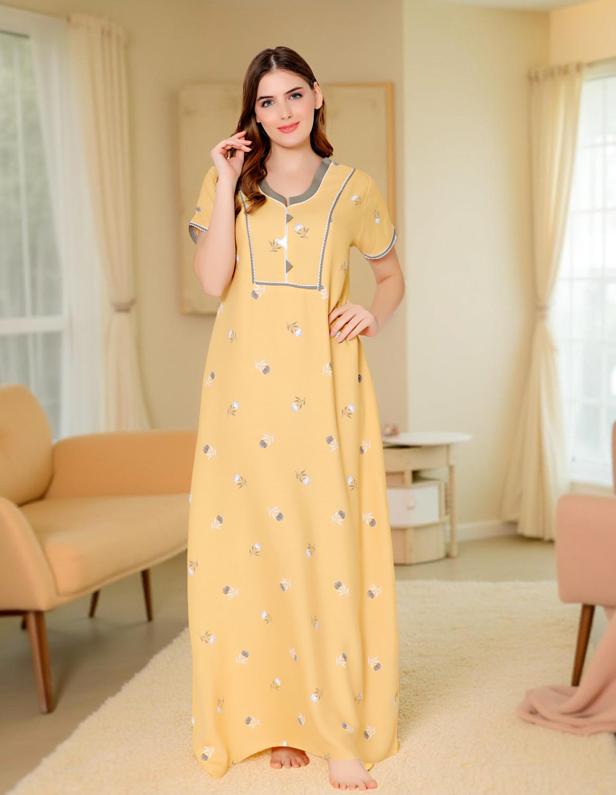 Bodycare Womens Polycotton U Neck Printed Long Night Dress-BSN2015B