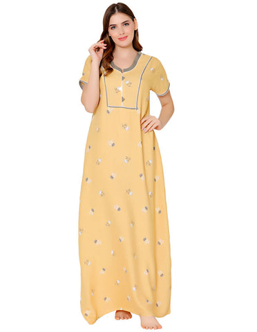 Bodycare Womens Polycotton U Neck Printed Long Night Dress-BSN2015B