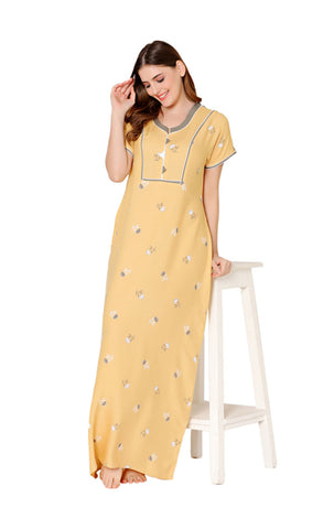 Bodycare Womens Polycotton U Neck Printed Long Night Dress-BSN2015B