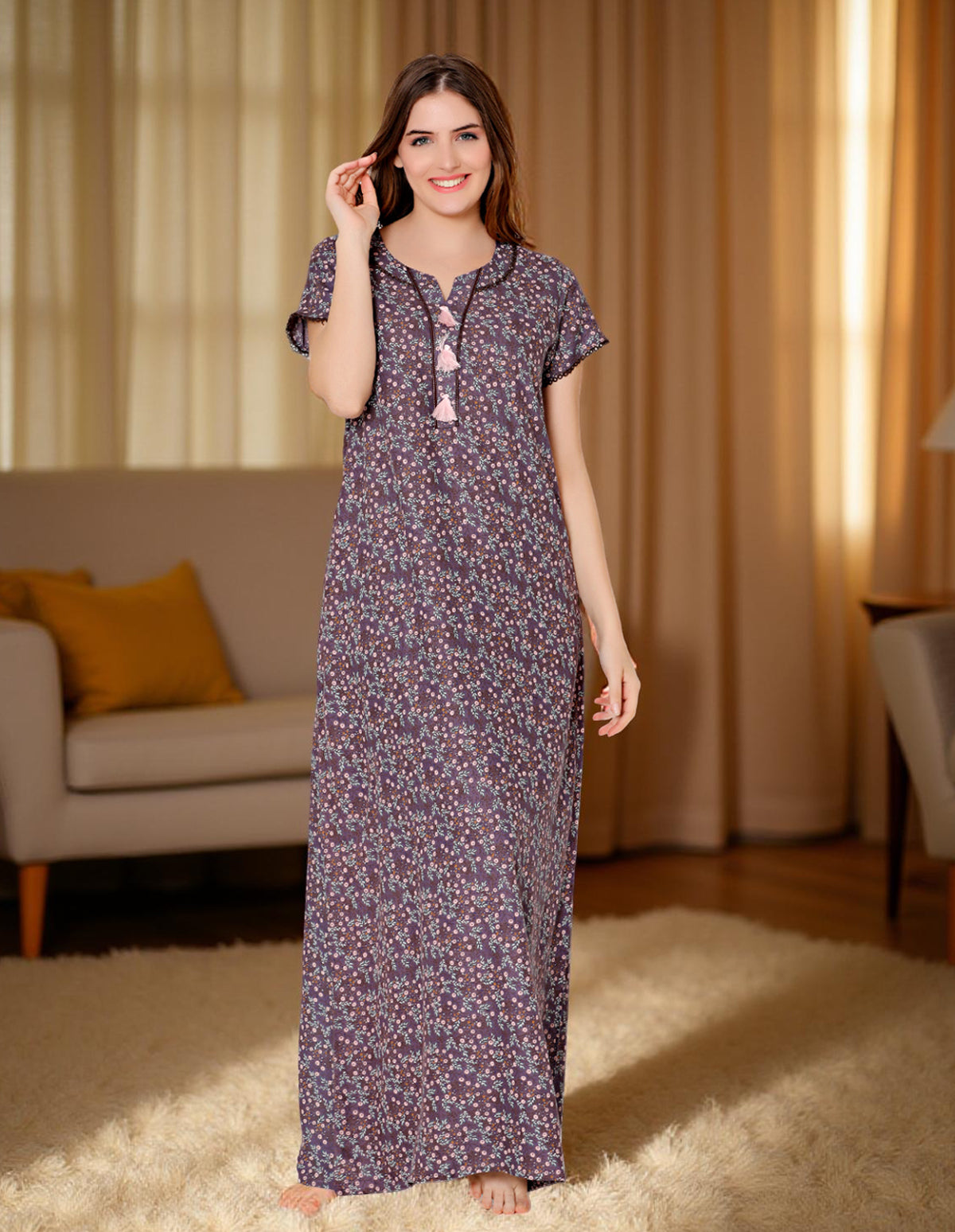 Bodycare Womens Polycotton U Neck Printed Long Night Dress-BSN2016A