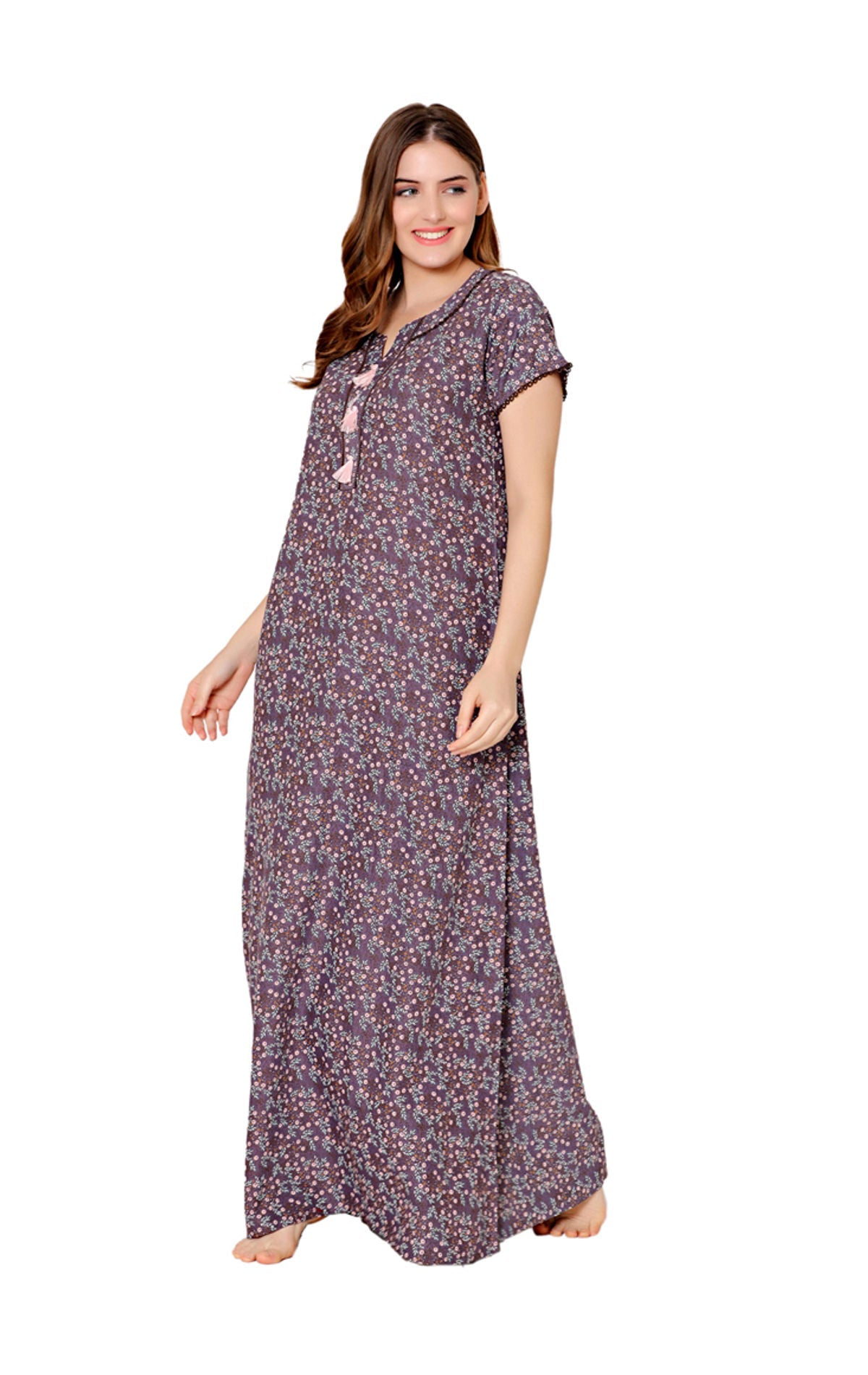 Bodycare Womens Polycotton U Neck Printed Long Night Dress-BSN2016A