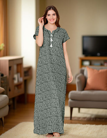 Bodycare Womens Polycotton U Neck Printed Long Night Dress-BSN2016B