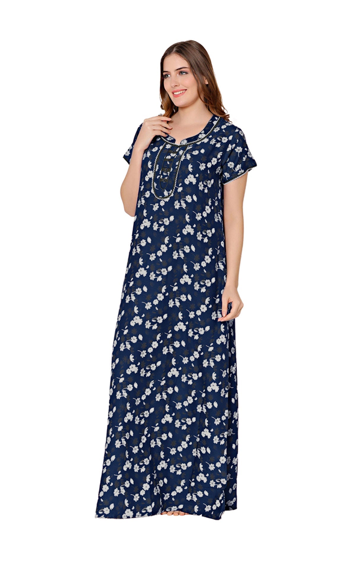 Bodycare Womens Polycotton Round Neck Printed Long Night Dress-BSN2019A