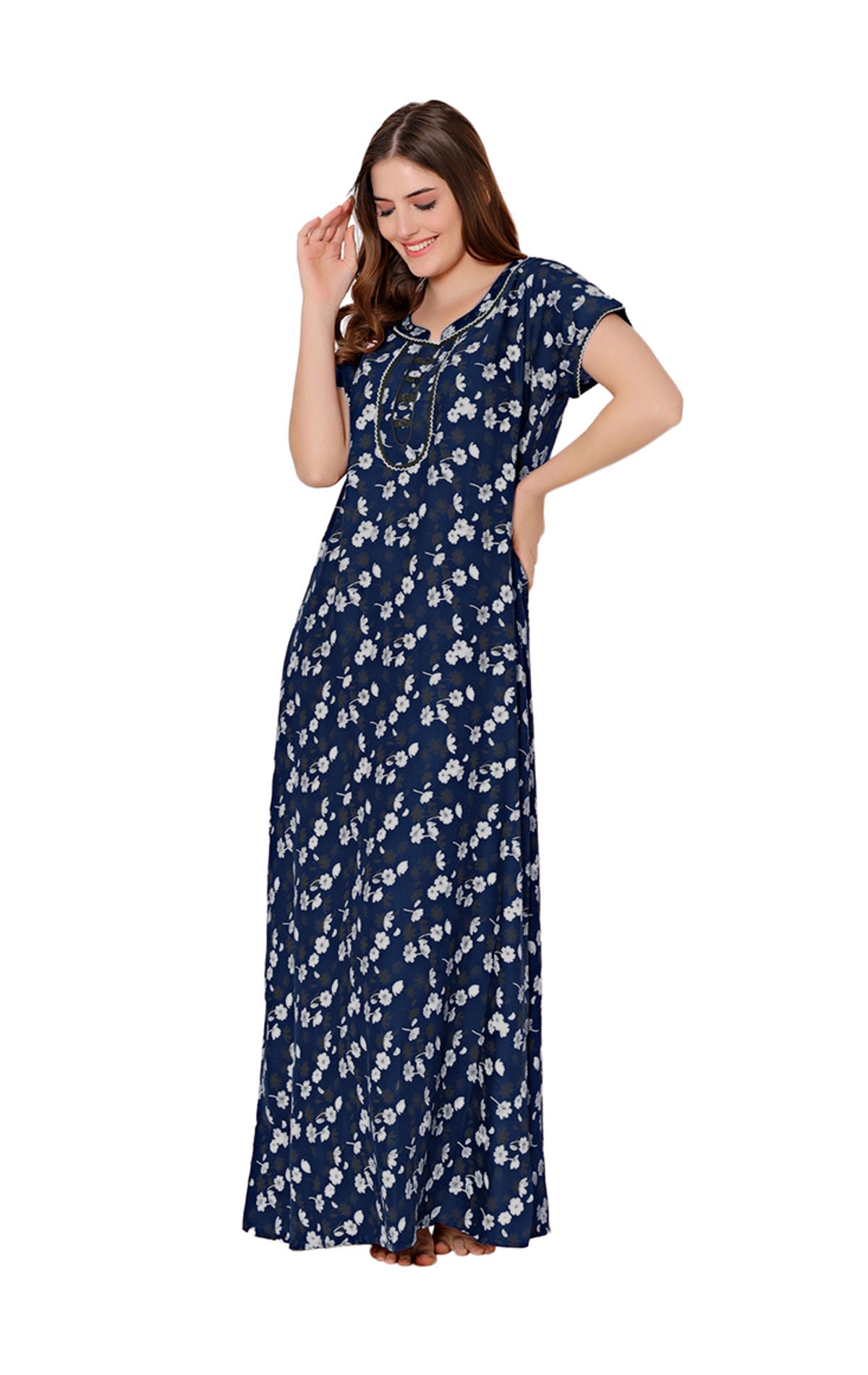 Bodycare Womens Polycotton Round Neck Printed Long Night Dress-BSN2019A