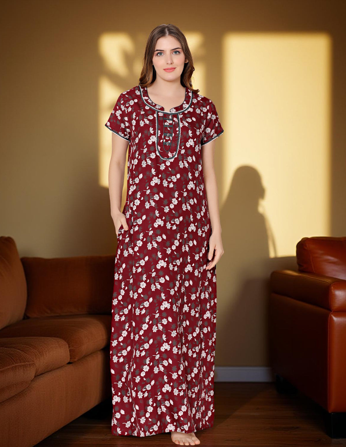 Bodycare Womens Polycotton Round Neck Printed Long Night Dress-BSN2019B