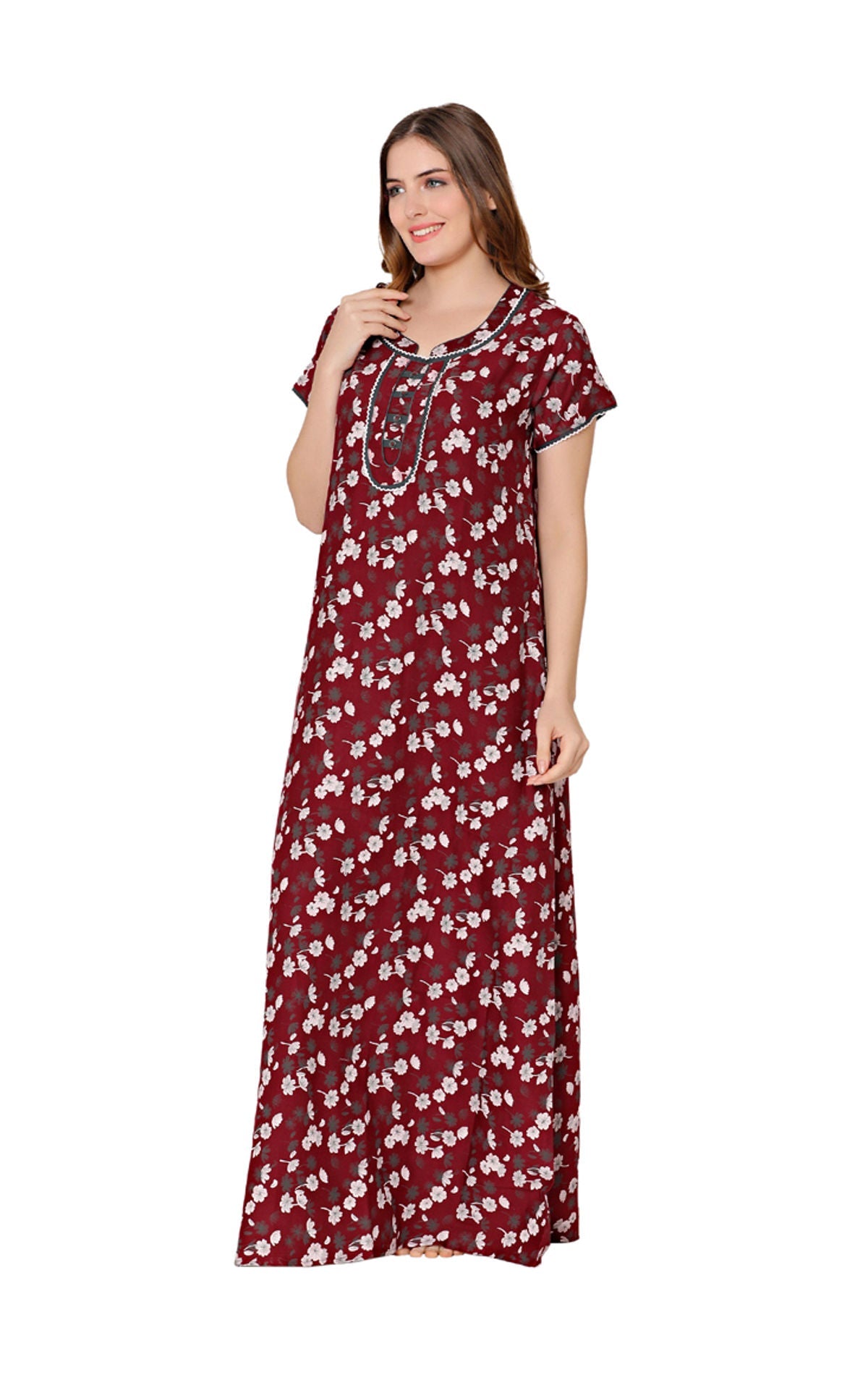 Bodycare Womens Polycotton Round Neck Printed Long Night Dress-BSN2019B