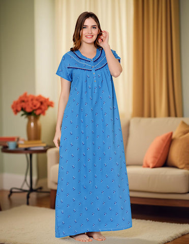 Bodycare Womens Poly Viscose Round Neck Printed Long Night Dress-BSN3007A