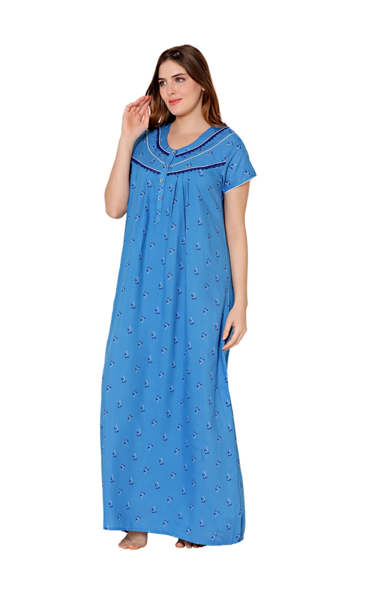 Bodycare Womens Poly Viscose Round Neck Printed Long Night Dress-BSN3007A