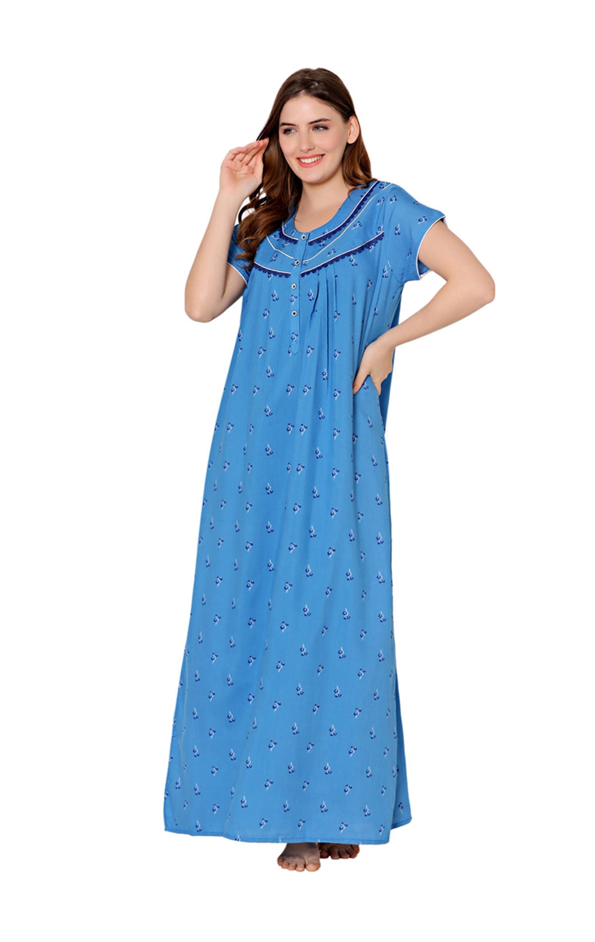 Bodycare Womens Poly Viscose Round Neck Printed Long Night Dress-BSN3007A