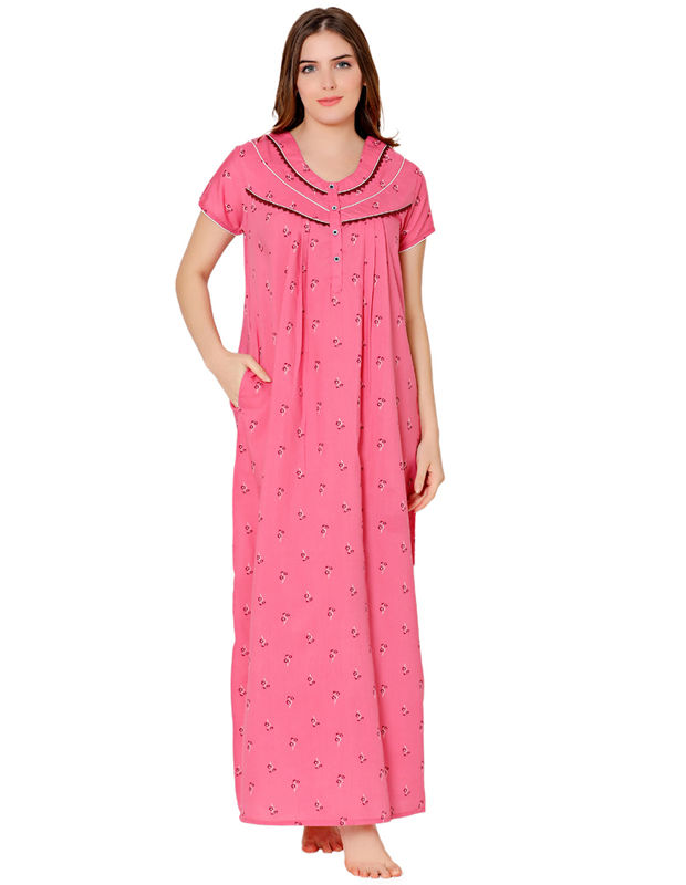 Bodycare Womens Poly Viscose Round Neck Printed Long Night Dress-BSN3007B