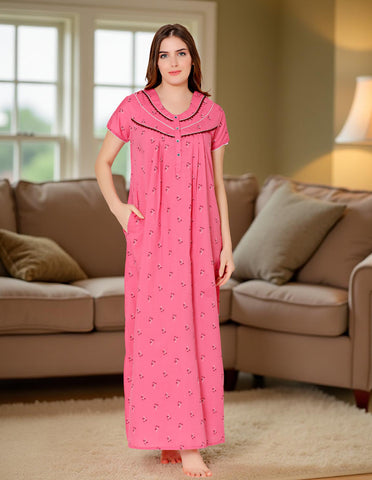 Bodycare Womens Poly Viscose Round Neck Printed Long Night Dress-BSN3007B