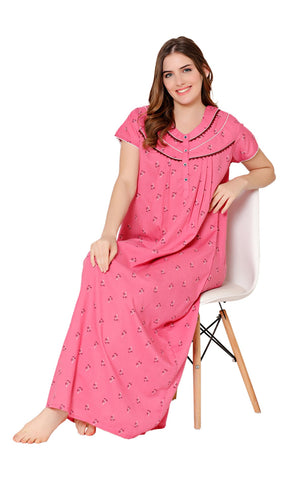 Bodycare Womens Poly Viscose Round Neck Printed Long Night Dress-BSN3007B