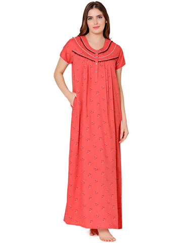 Bodycare Womens Poly Viscose Round Neck Printed Long Night Dress-BSN3007C