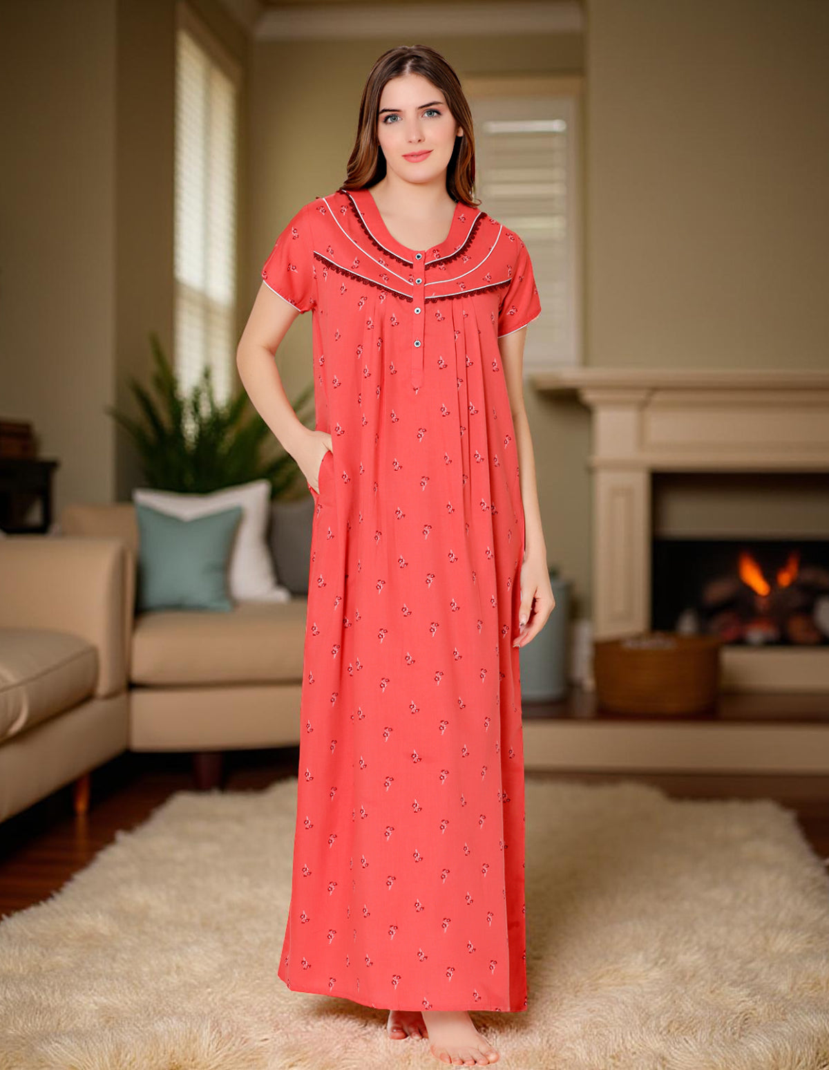Bodycare Womens Poly Viscose Round Neck Printed Long Night Dress-BSN3007C