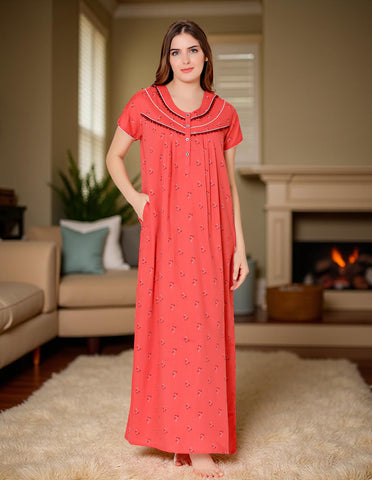 Bodycare Womens Poly Viscose Round Neck Printed Long Night Dress-BSN3007C