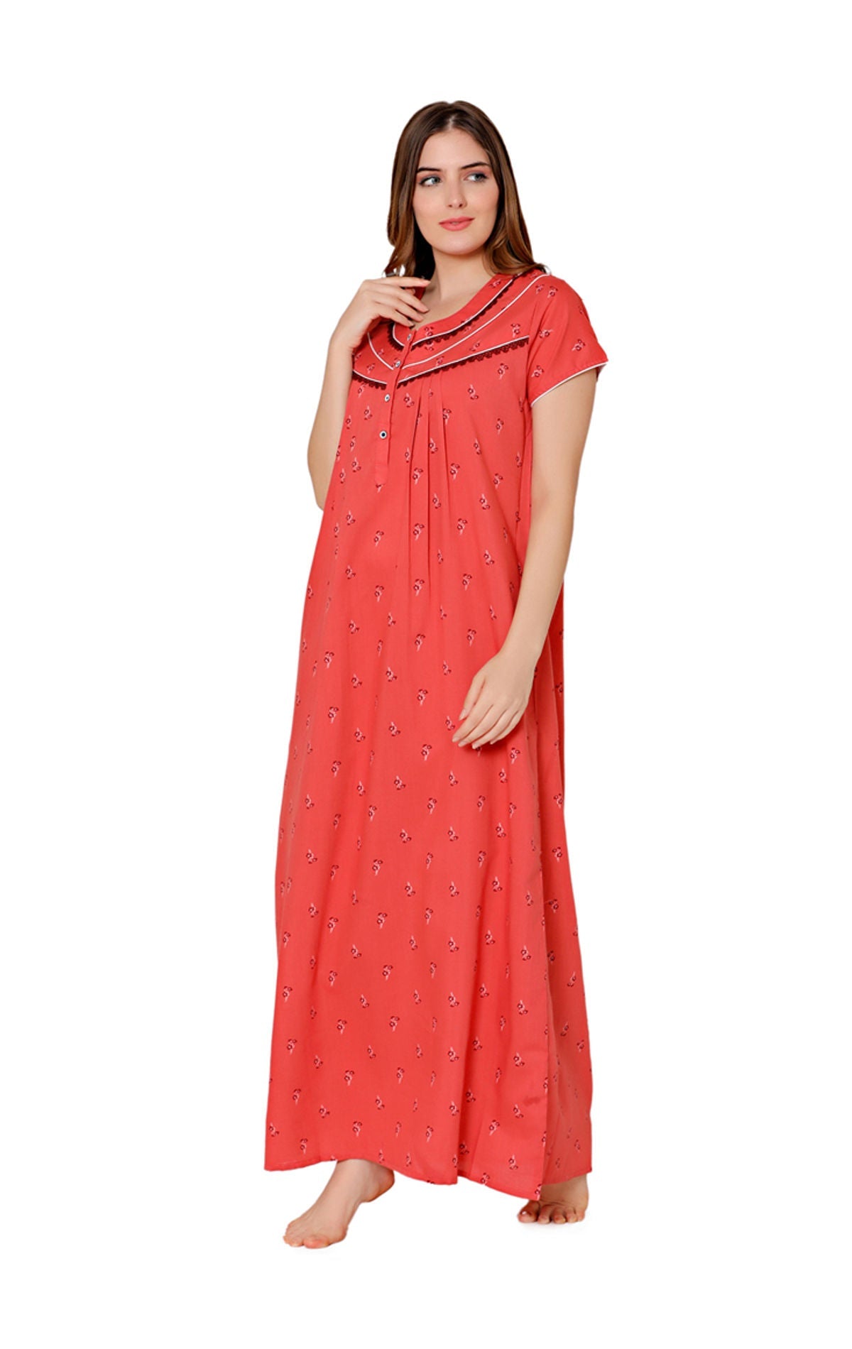 Bodycare Womens Poly Viscose Round Neck Printed Long Night Dress-BSN3007C