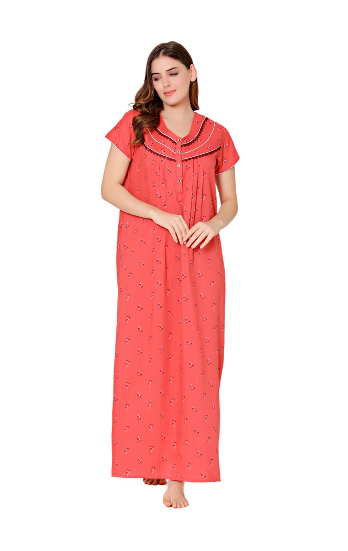 Bodycare Womens Poly Viscose Round Neck Printed Long Night Dress-BSN3007C