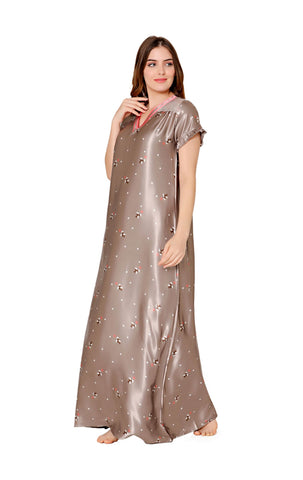 Bodycare Womens Satin V Neck Printed Long Night Dress-BSN6001A