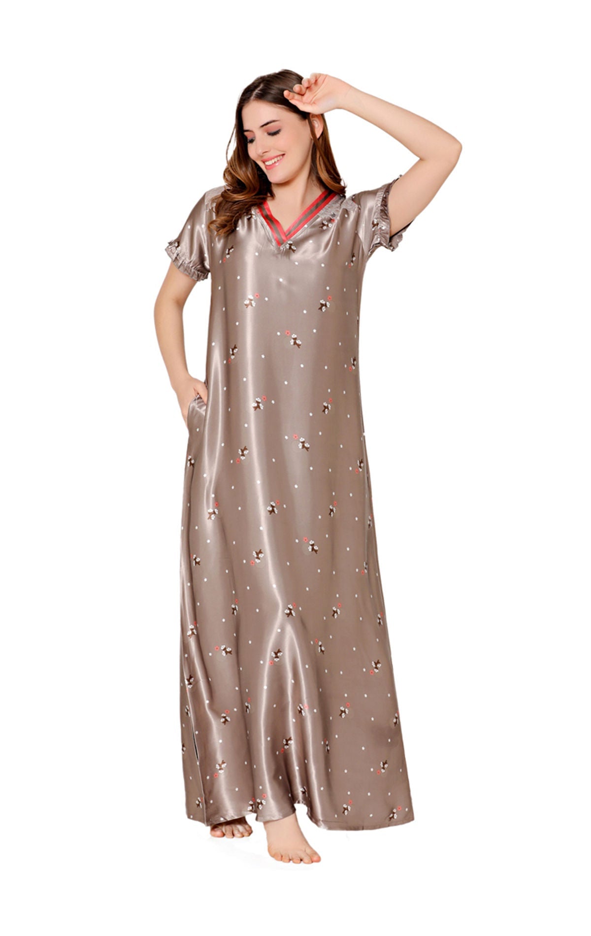 Bodycare Womens Satin V Neck Printed Long Night Dress-BSN6001A