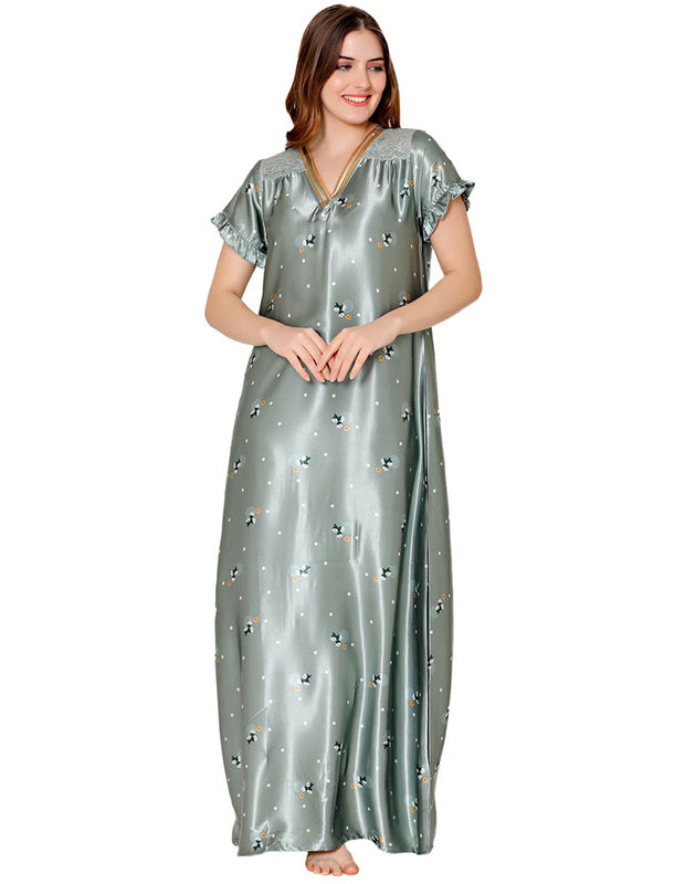 Bodycare Womens Satin V Neck Printed Long Night Dress-BSN6001B