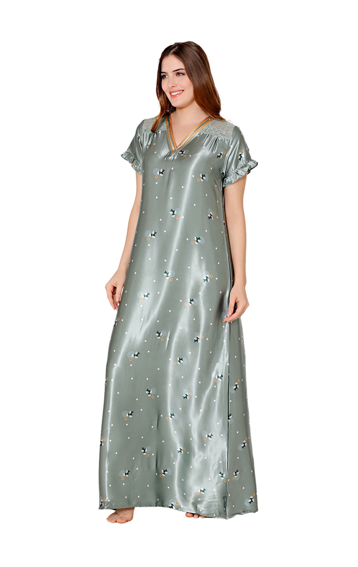 Bodycare Womens Satin V Neck Printed Long Night Dress-BSN6001B