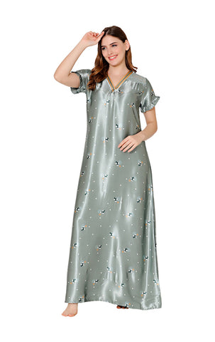 Bodycare Womens Satin V Neck Printed Long Night Dress-BSN6001B