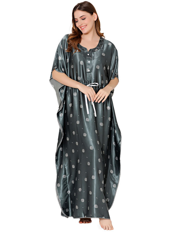 Bodycare Womens Satin Round Neck Printed Long Night Dress-BSN6003A