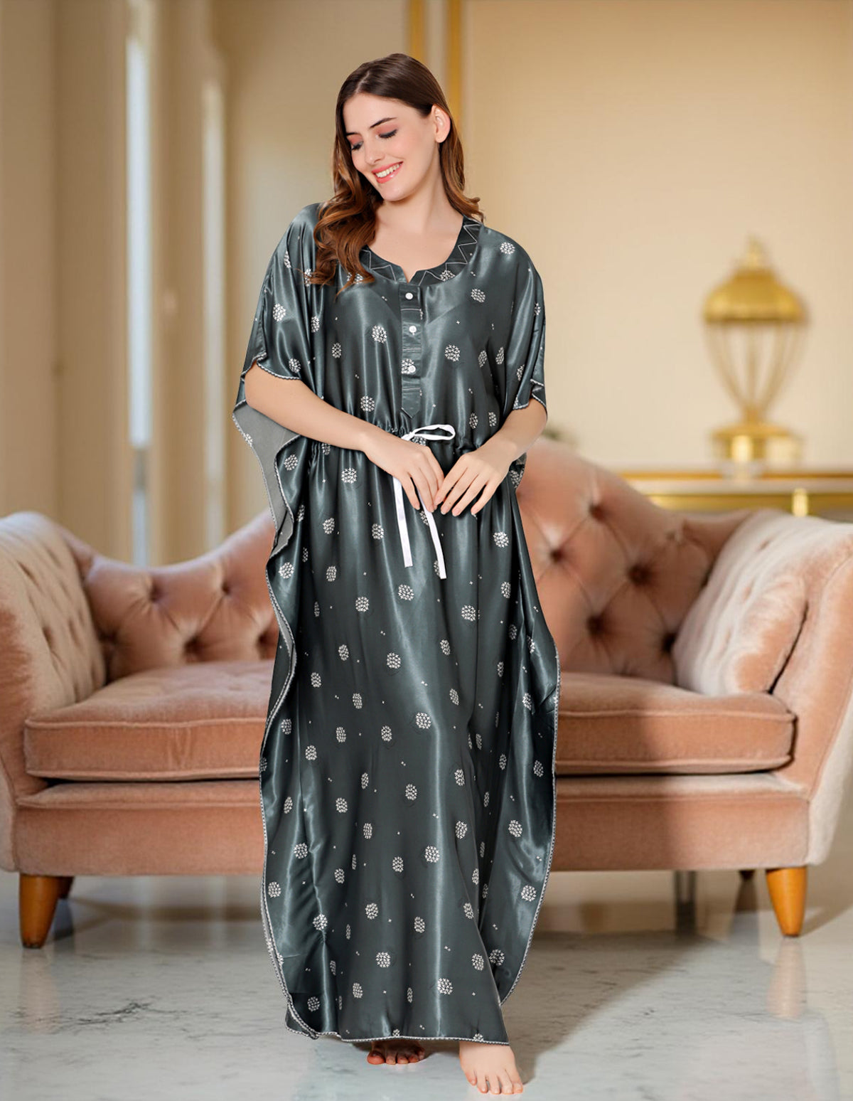 Bodycare Womens Satin Round Neck Printed Long Night Dress-BSN6003A