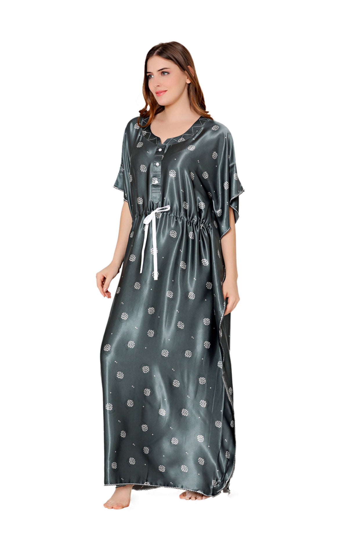 Bodycare Womens Satin Round Neck Printed Long Night Dress-BSN6003A