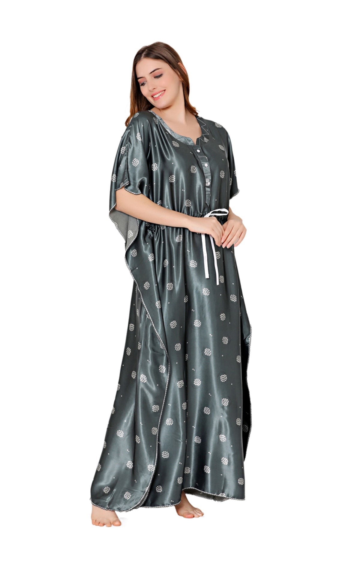 Bodycare Womens Satin Round Neck Printed Long Night Dress-BSN6003A