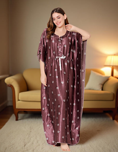 Bodycare Womens Satin Round Neck Printed Long Night Dress-BSN6003B