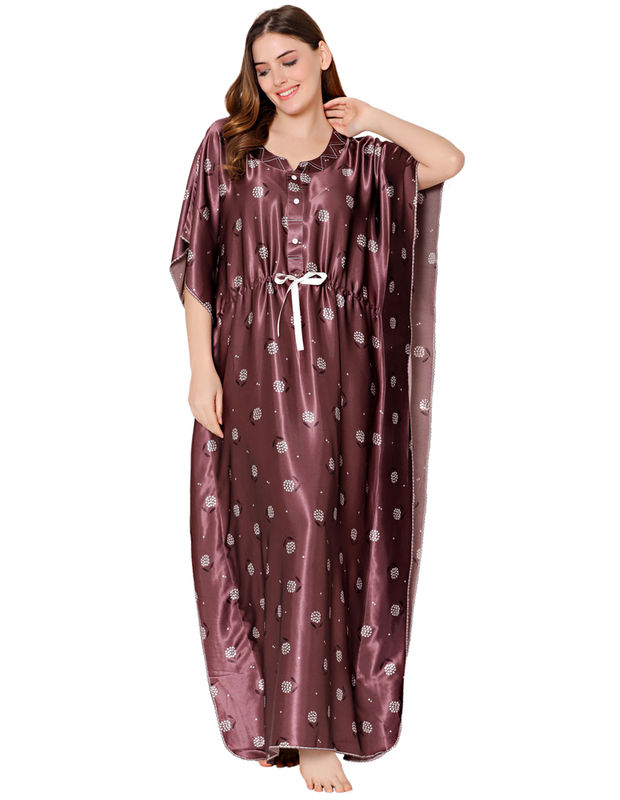 Bodycare Womens Satin Round Neck Printed Long Night Dress-BSN6003B