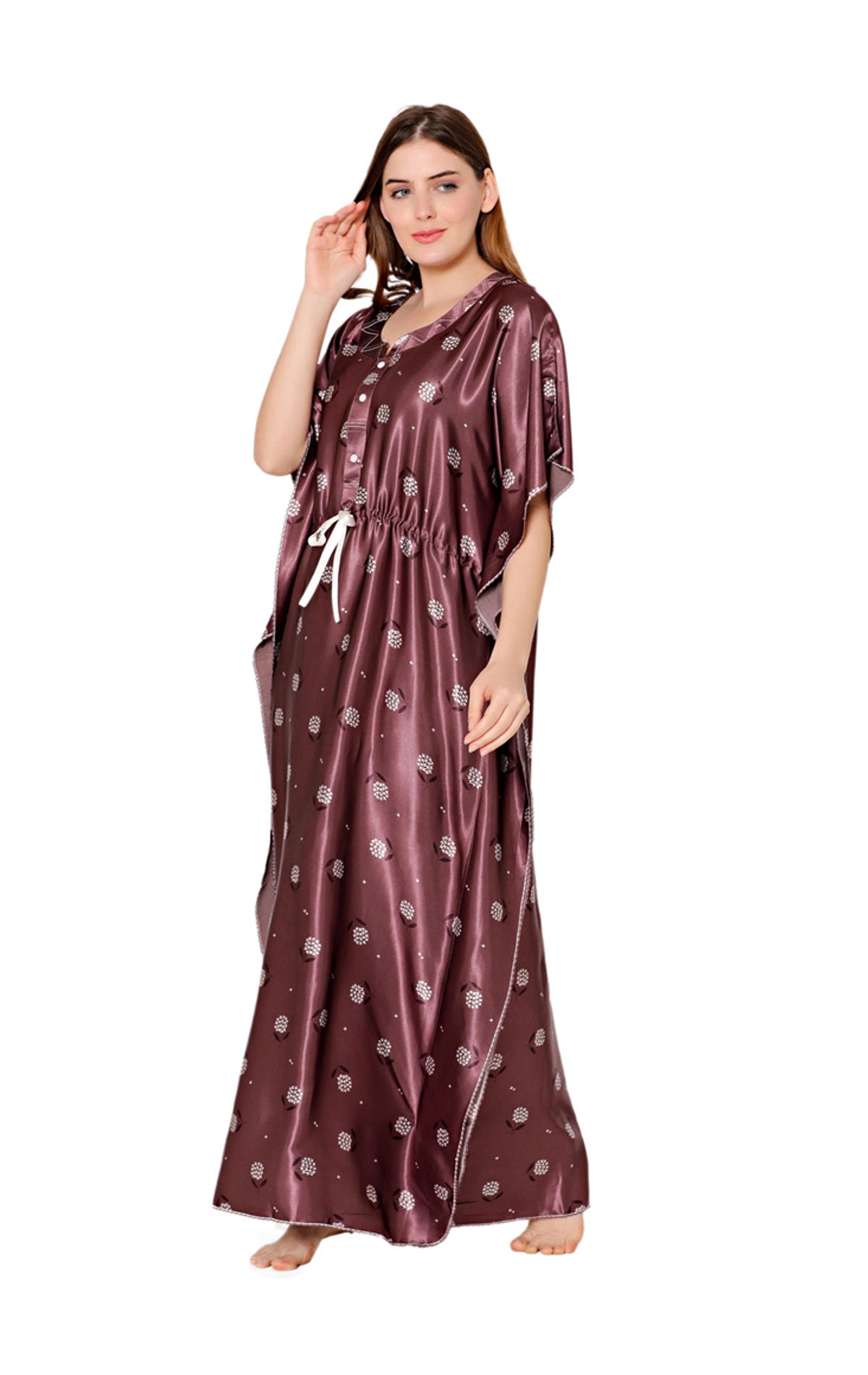 Bodycare Womens Satin Round Neck Printed Long Night Dress-BSN6003B