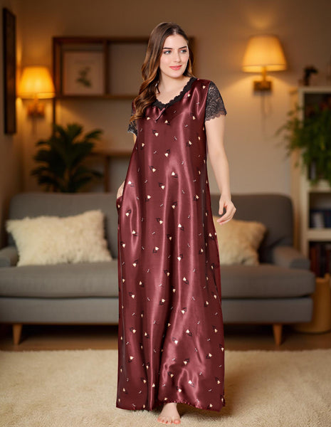 Bodycare Womens Satin V Neck Printed Long Night Dress-BSN6004A
