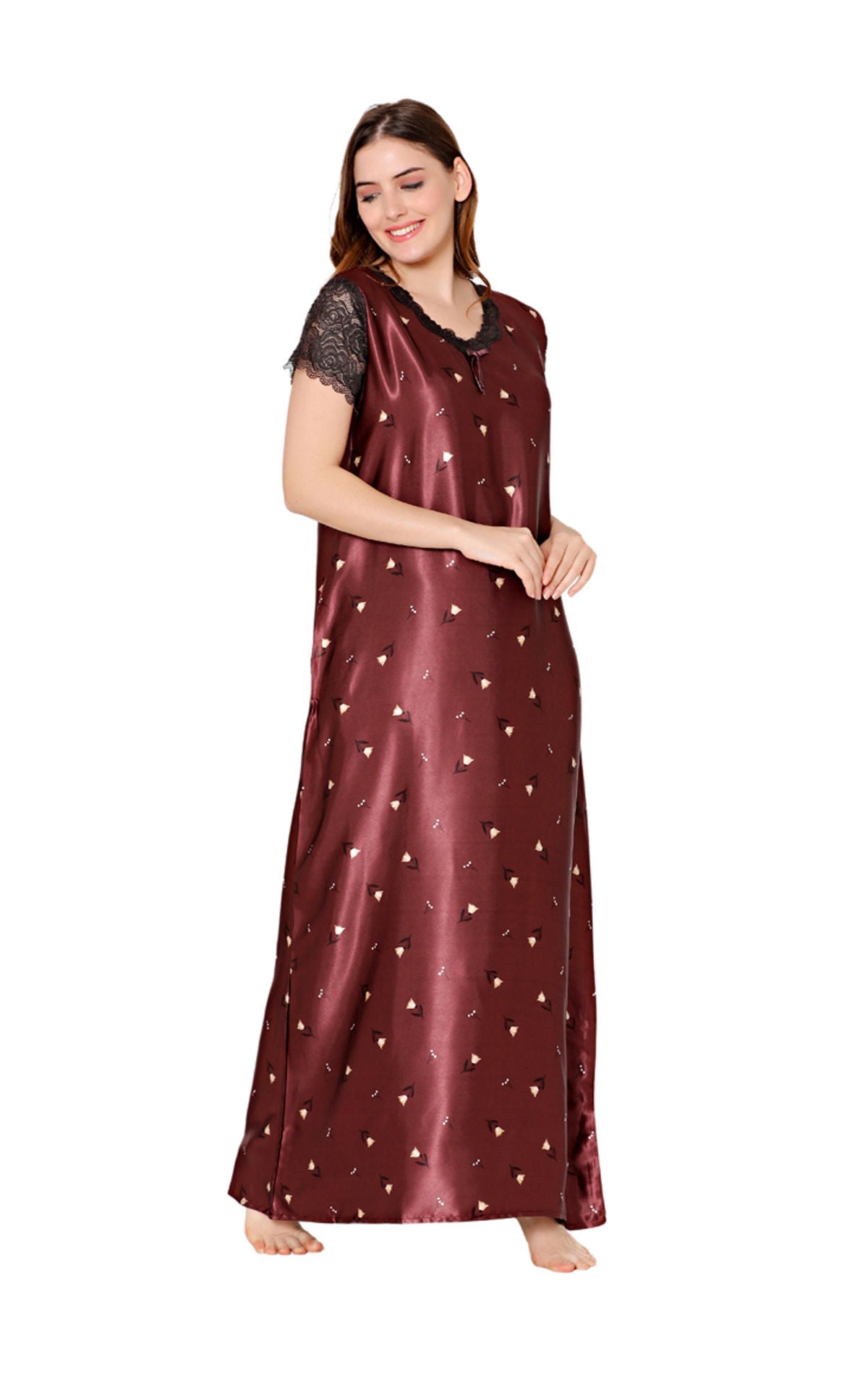 Bodycare Womens Satin V Neck Printed Long Night Dress-BSN6004A