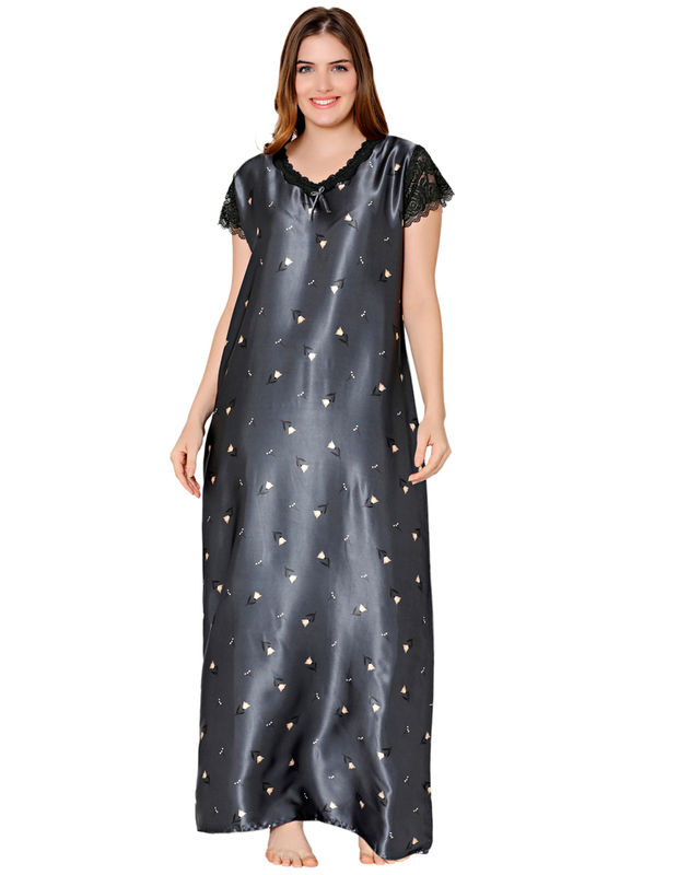 Bodycare Womens Satin V Neck Printed Long Night Dress-BSN6004B