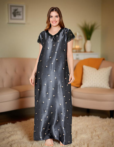 Bodycare Womens Satin V Neck Printed Long Night Dress-BSN6004B