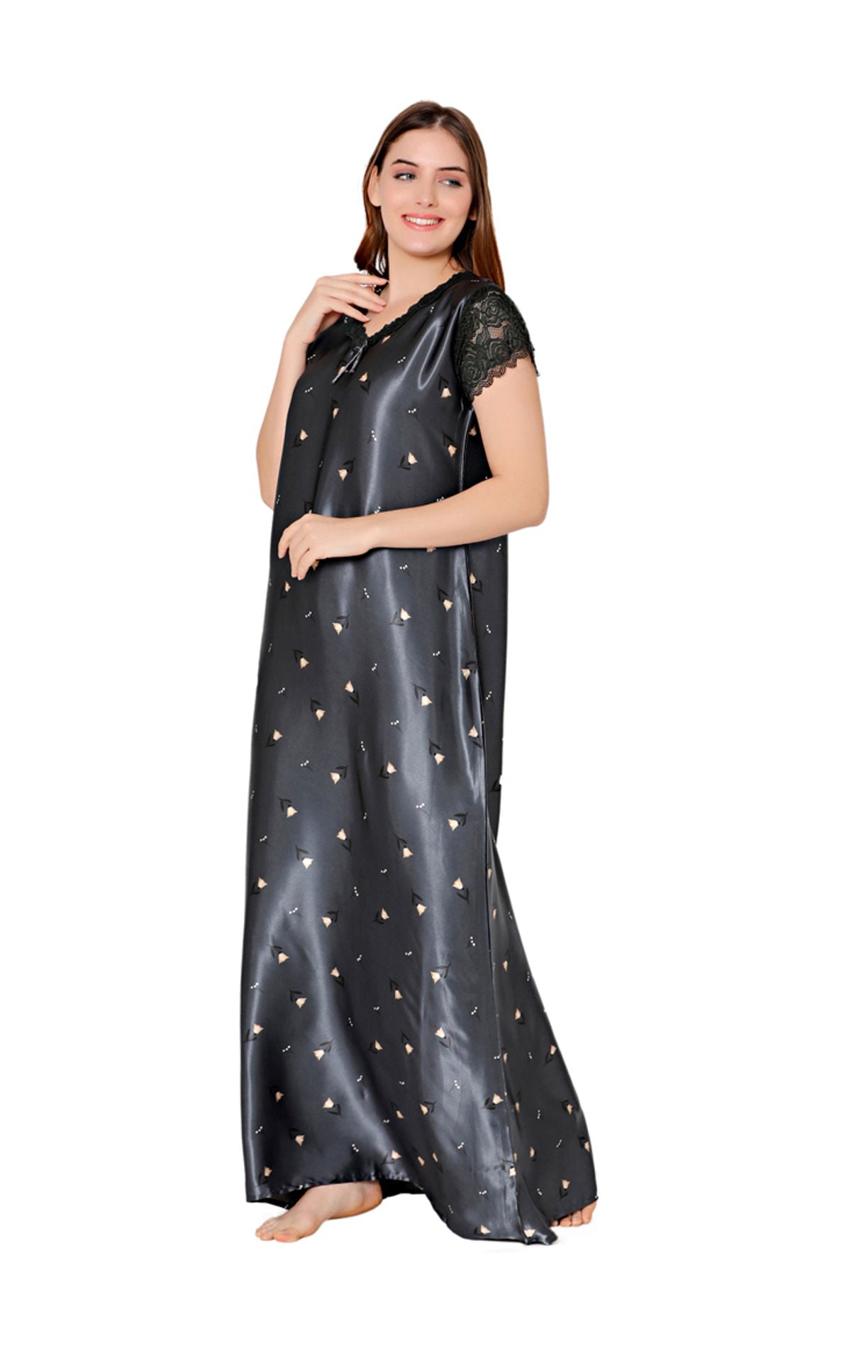 Bodycare Womens Satin V Neck Printed Long Night Dress-BSN6004B