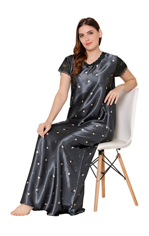 Bodycare Womens Satin V Neck Printed Long Night Dress-BSN6004B