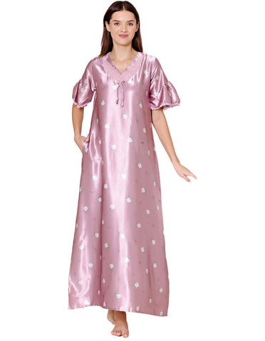 Bodycare Womens Satin V Neck Printed Long Night Dress-BSN6006A