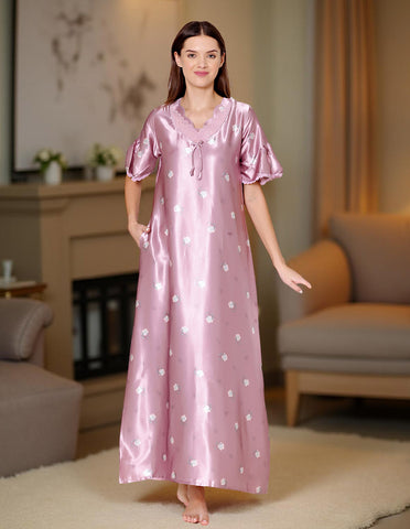 Bodycare Womens Satin V Neck Printed Long Night Dress-BSN6006A