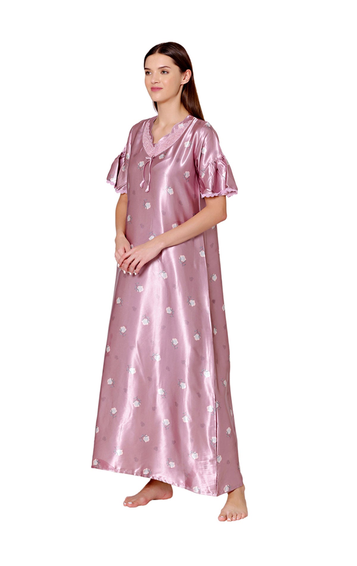 Bodycare Womens Satin V Neck Printed Long Night Dress-BSN6006A