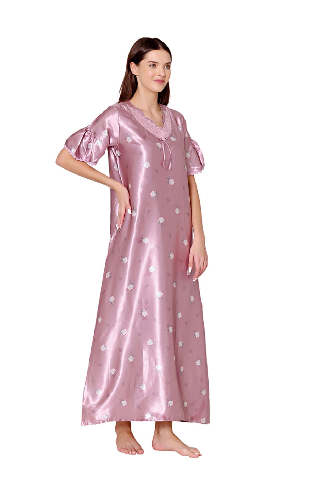 Bodycare Womens Satin V Neck Printed Long Night Dress-BSN6006A