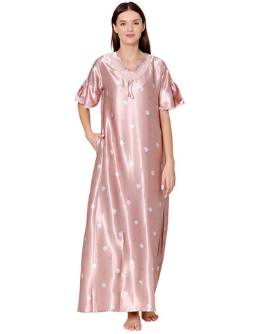 Bodycare Womens Satin V Neck Printed Long Night Dress-BSN6006B