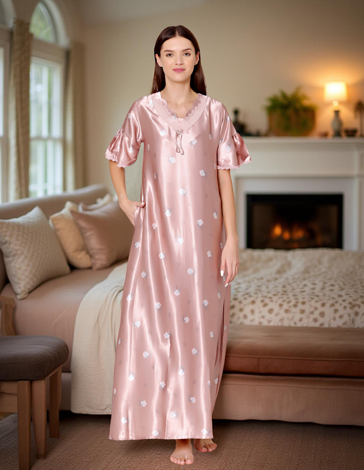 Bodycare Womens Satin V Neck Printed Long Night Dress-BSN6006B