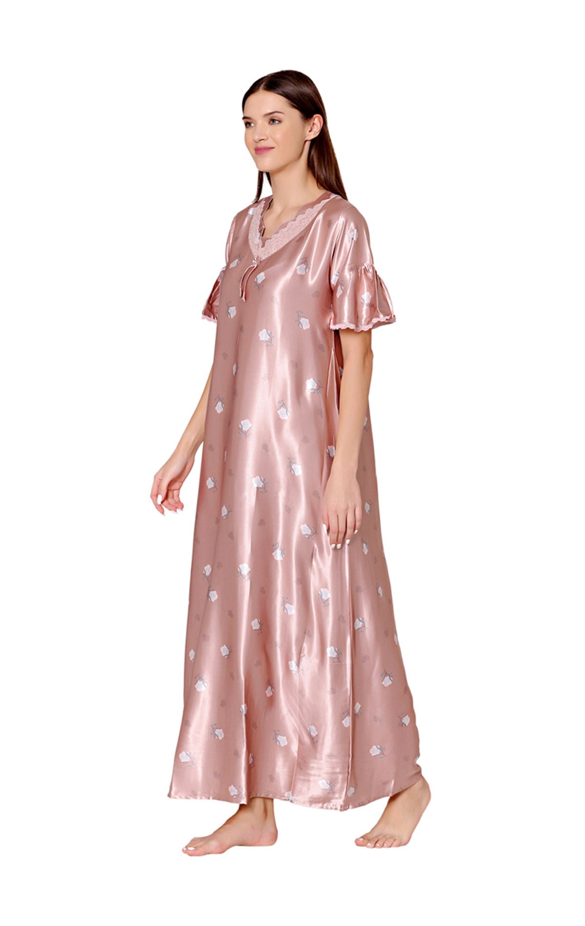 Bodycare Womens Satin V Neck Printed Long Night Dress-BSN6006B