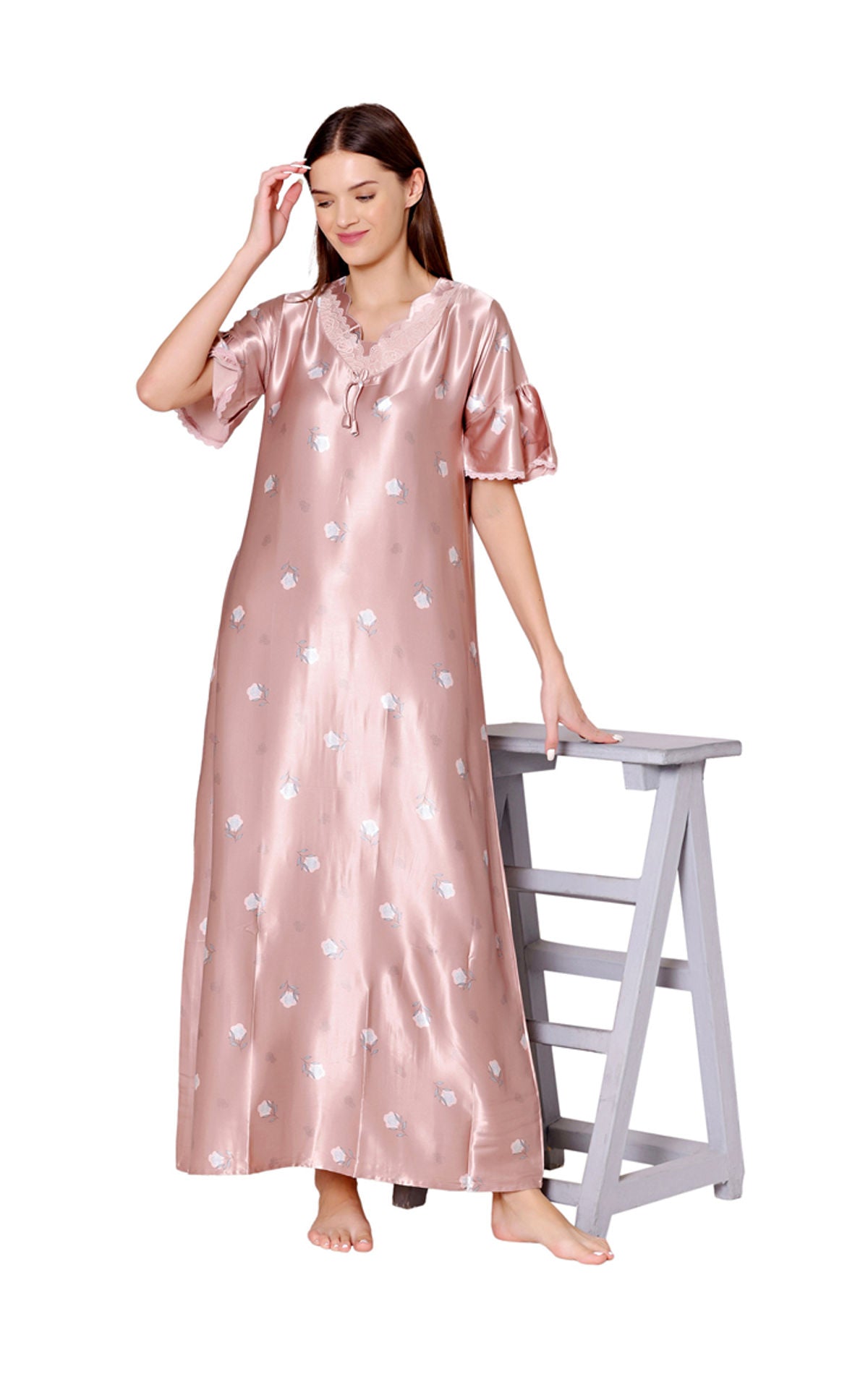 Bodycare Womens Satin V Neck Printed Long Night Dress-BSN6006B