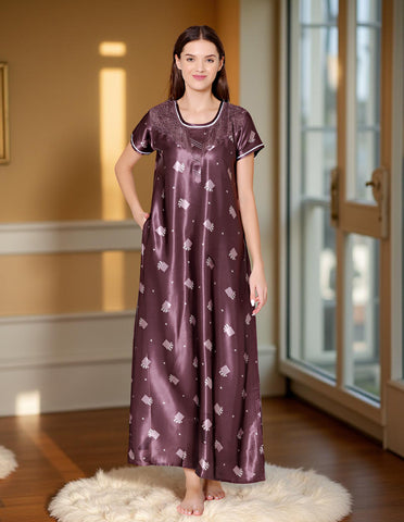 Bodycare Womens Satin Round Neck Printed Long Night Dress-BSN6007A