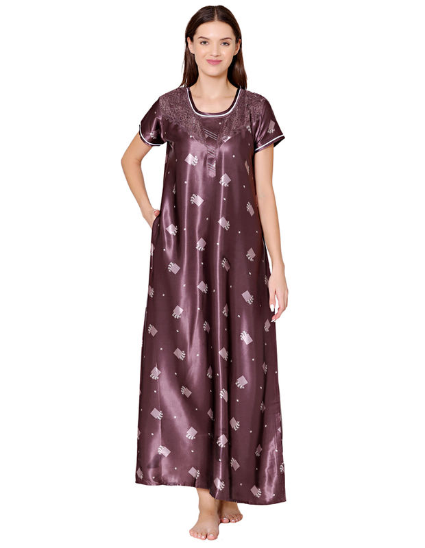 Bodycare Womens Satin Round Neck Printed Long Night Dress-BSN6007A